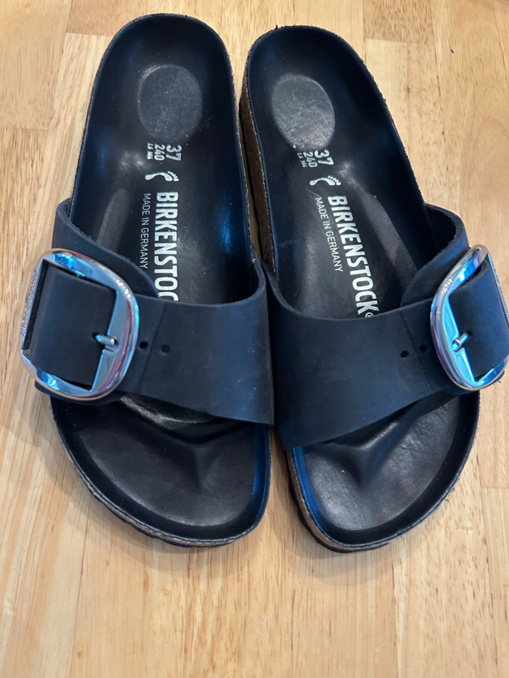 Birkenstock 37 Black Leather Madrid Big Buckle Strap Slides Sandals silver boho